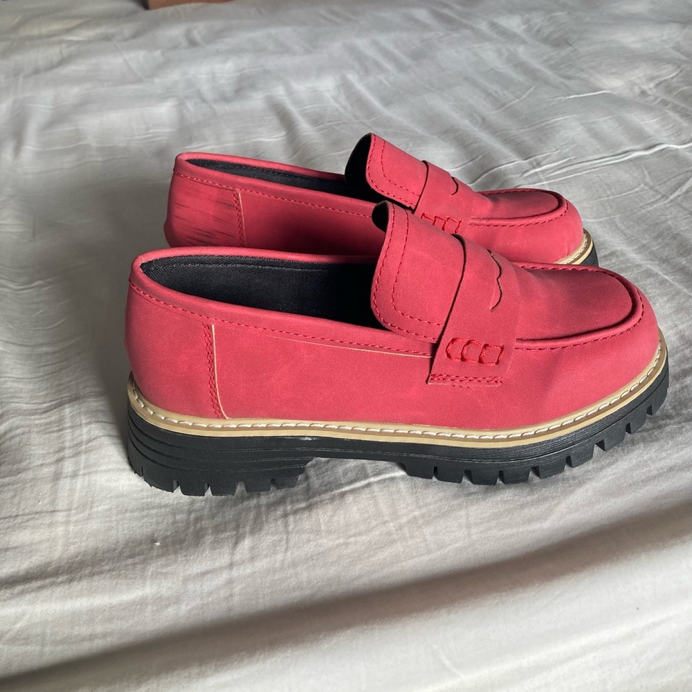 Women’s Red Penny Loafers with Lug Sole